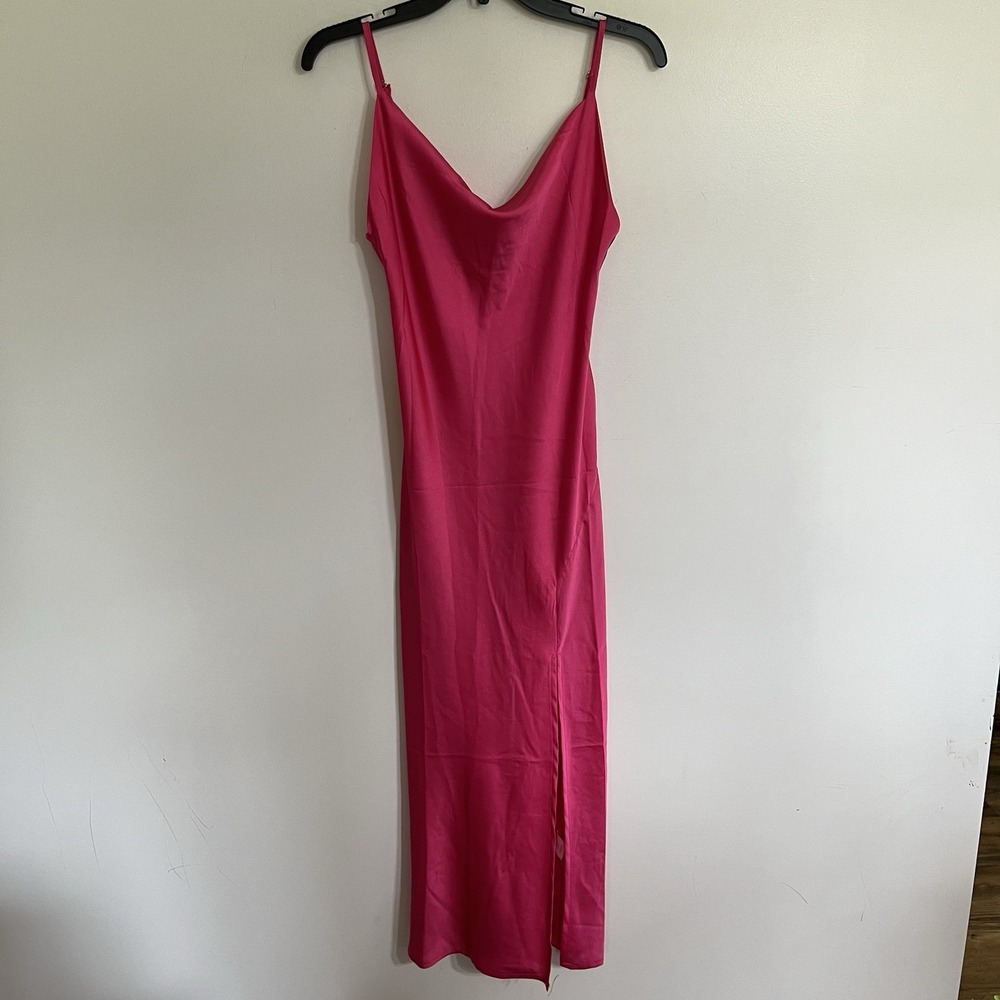 Paper Heart Pink Satin Cowl Neck Midi Dress Size XS Side Slit Adjustable Straps